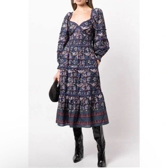 SEA Noah Print Smocked Maxi Dress In Navy 14 - Picture 4 of 16